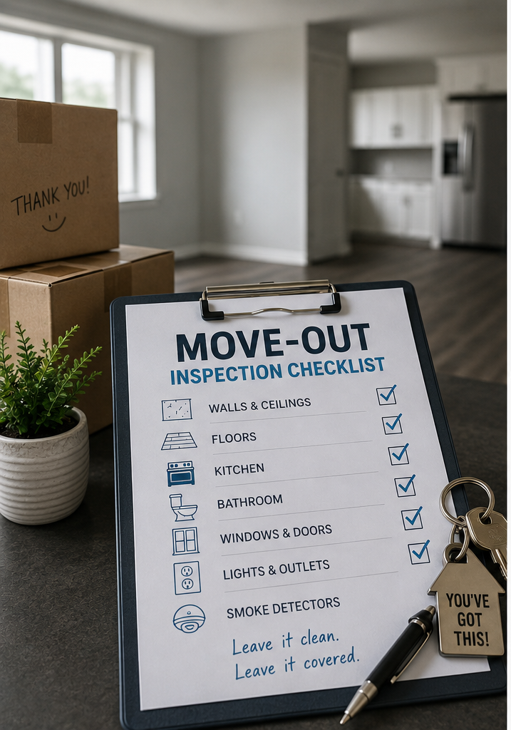 move out inspection charges checklist with apartment keys and moving boxes