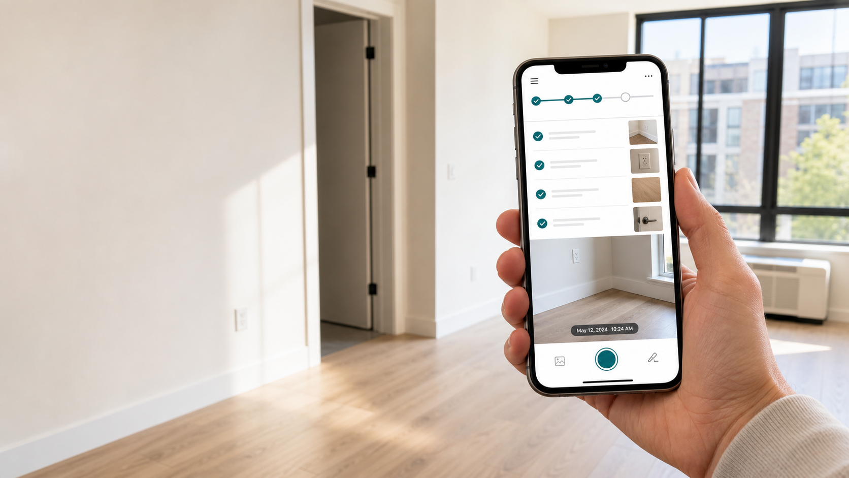 A renter using a mobile inspection app inside a bright apartment