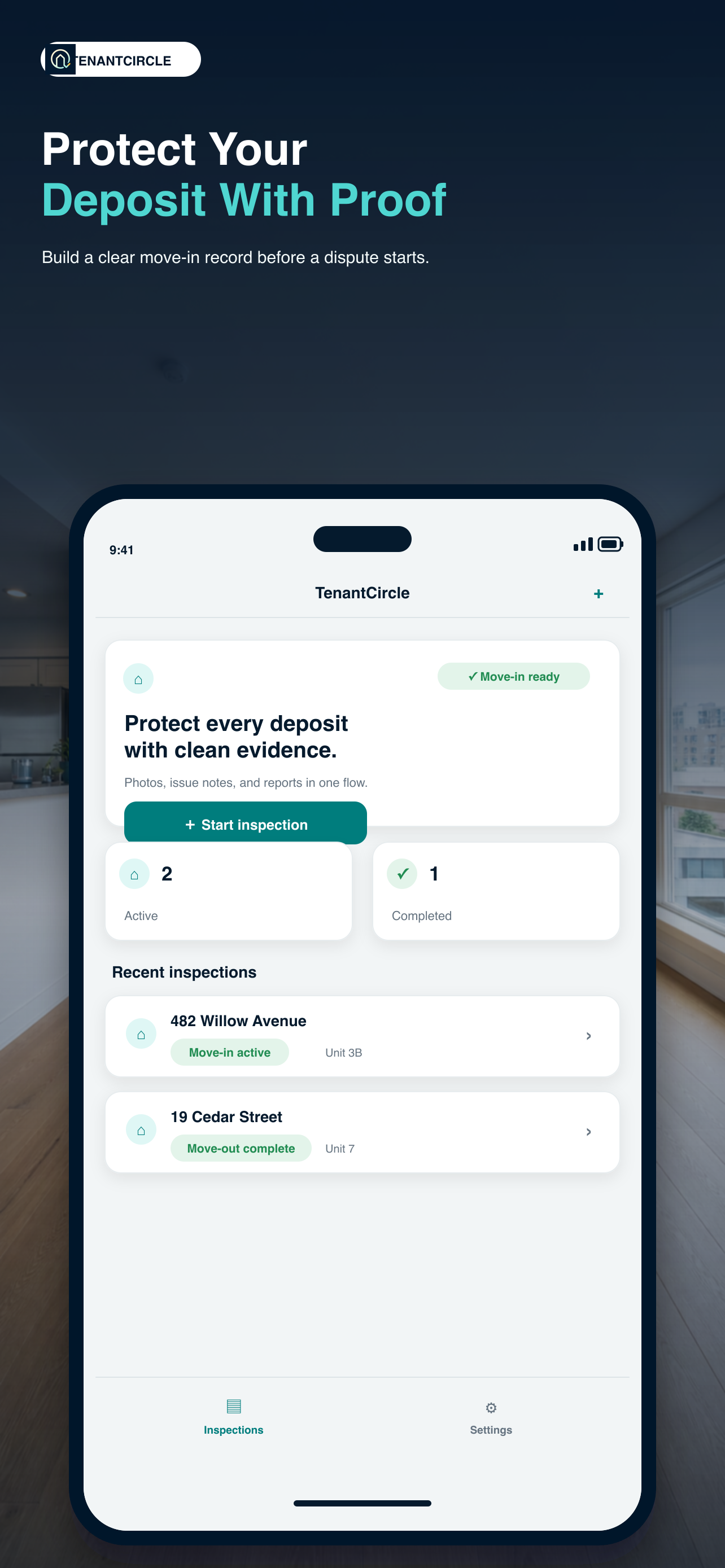 TenantCircle iPhone app showing a renter move-in inspection dashboard